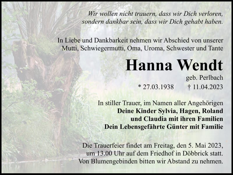 Traueranzeige Hanna Wendt, geb. Perlbach