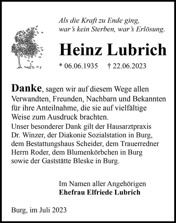 Danksagung Heinz Lubrich