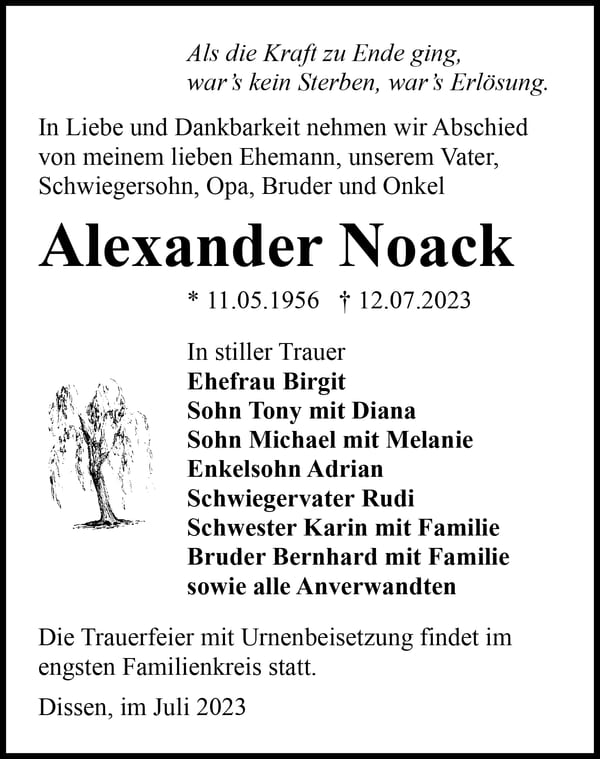 Traueranzeige Alexander Noack