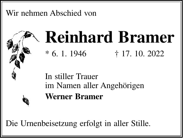 Traueranzeige Reinhard Bramer