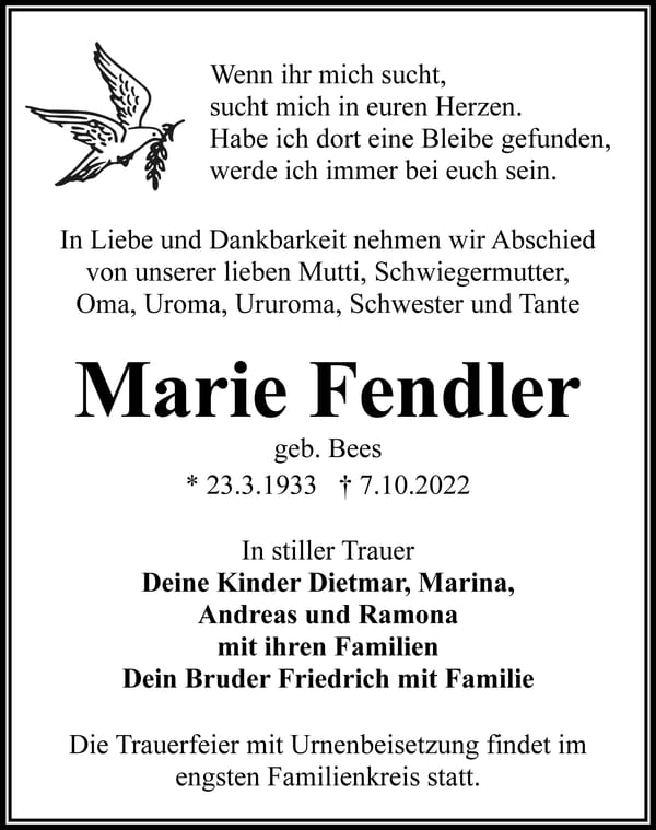 Traueranzeige Marie Fendler, geb. Bees