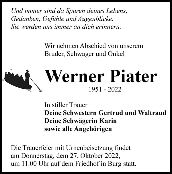 Traueranzeige Werner Piater