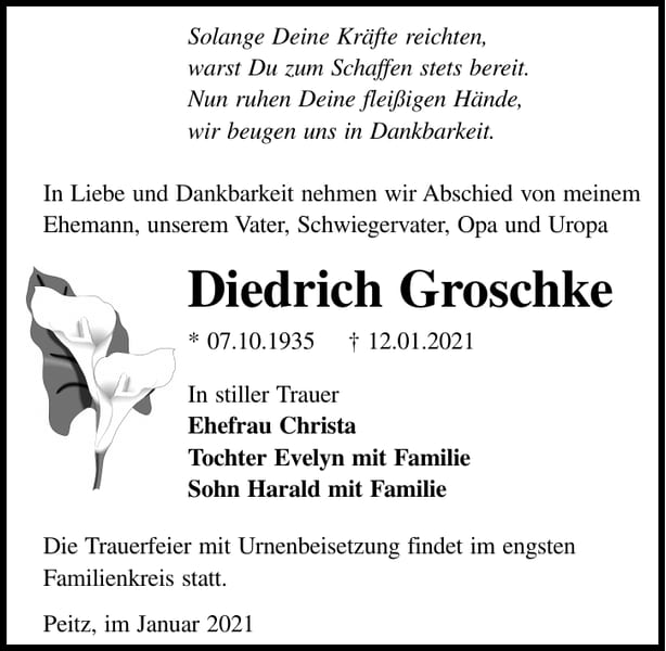 Traueranzeige Diedrich Groschke