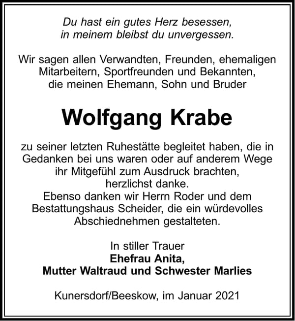 Danksagung Wolfgang Krabe