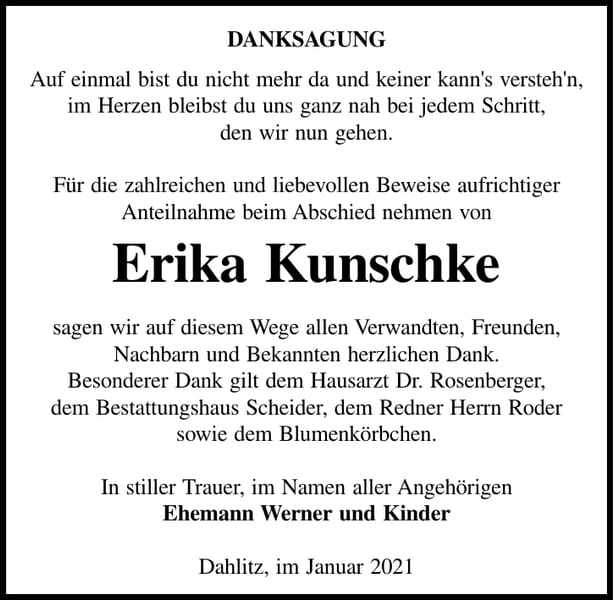 Traueranzeige Erika Kunschke
