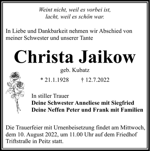 Traueranzeige Christa Jaikow, geb. Kubatz