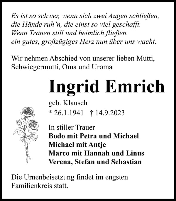 Traueranzeige Ingrid Emrich, geb. Klausch
