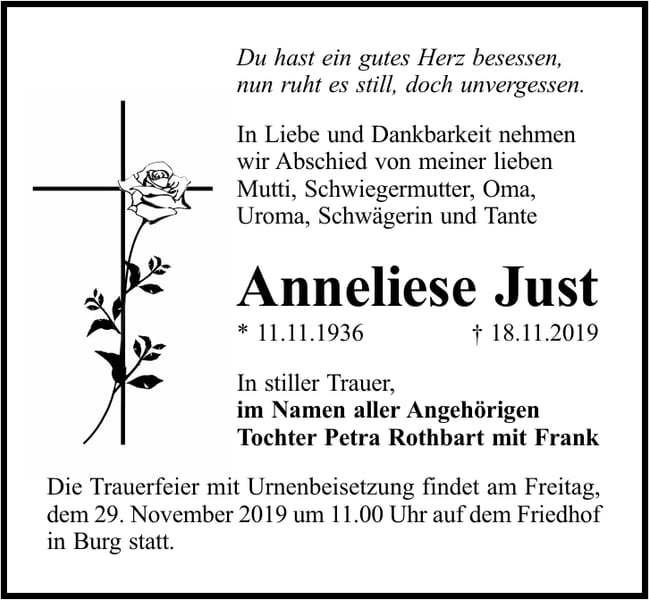 Traueranzeige Anneliese Just