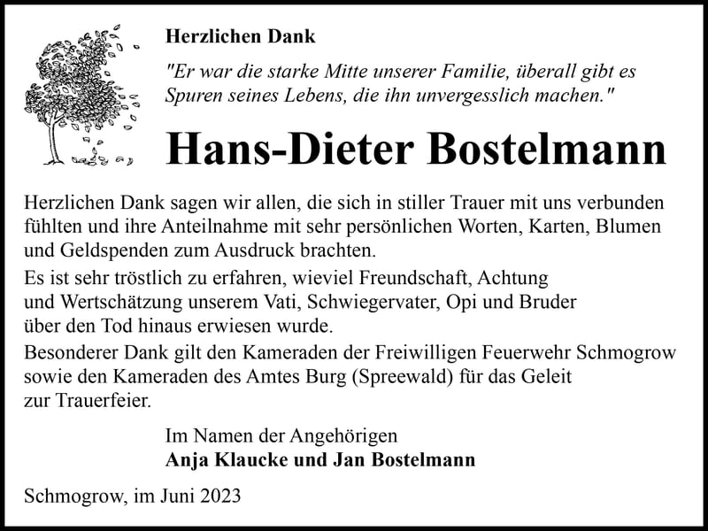 Danksagung Hans-Dieter Bostelmann