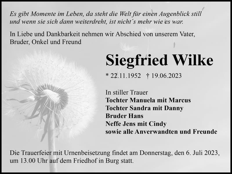 Traueranzeige Siegfried Wilke