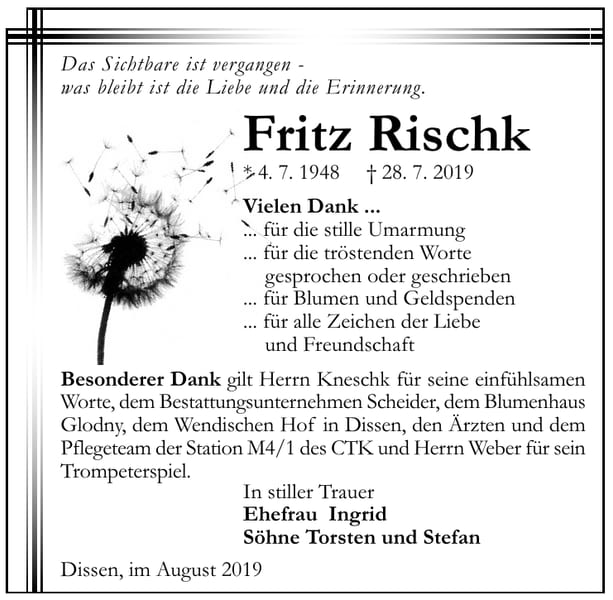 Traueranzeige Fritz Rischk