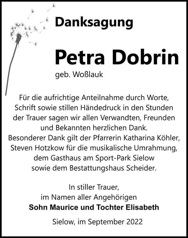 Danksagung Petra Dobrin, geb. Woßlauk