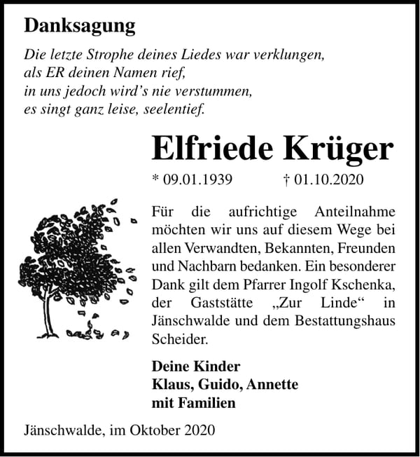 Danksagung Elfriede Krüger