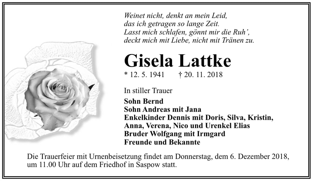 Traueranzeige Gisela Lattke