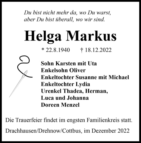 Traueranzeige Helga Markus
