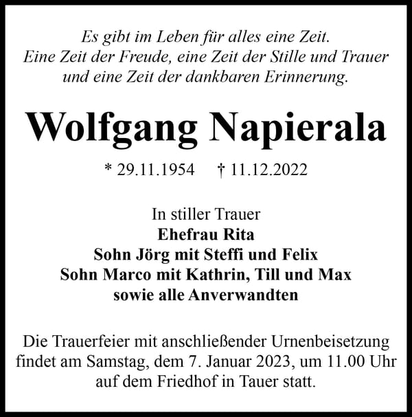Traueranzeige Wolfgang Napierala