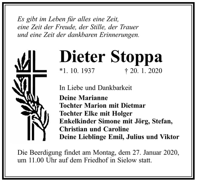 Traueranzeige Dieter Stoppa