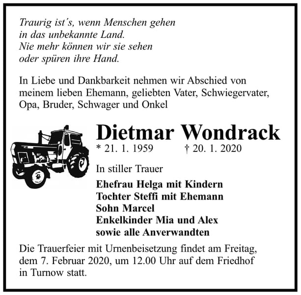 Traueranzeige Dietmar Wondrack
