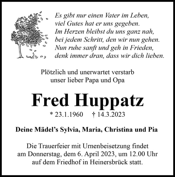 Traueranzeige Fred Huppatz