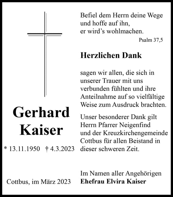 Danksagung Gerhard Kaiser