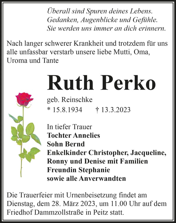 Traueranzeige Ruth Perko, geb. Reinschke