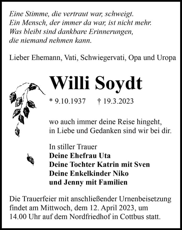 Traueranzeige Willi Soydt