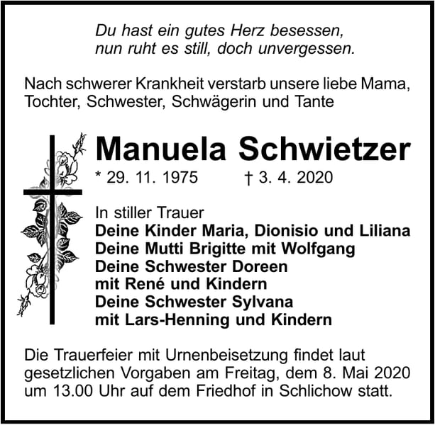 Traueranzeige Manuela Schwietzer