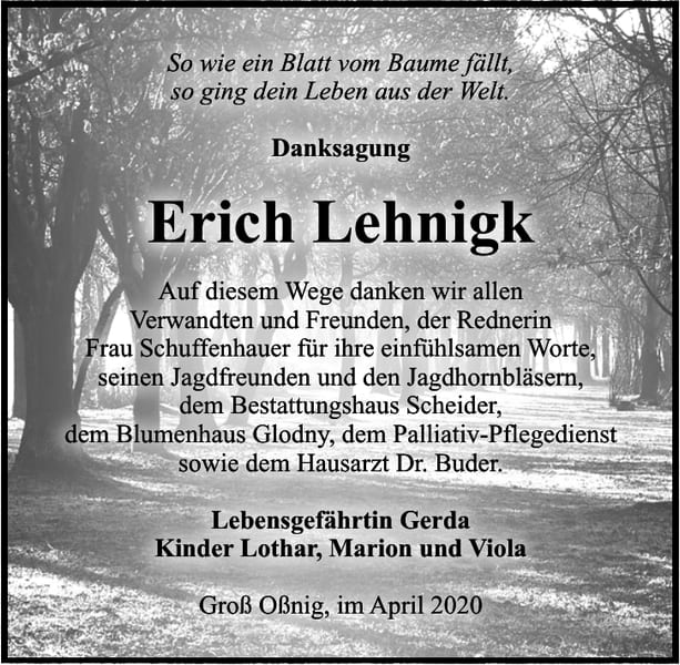 Danksagung Erich Lehnigk