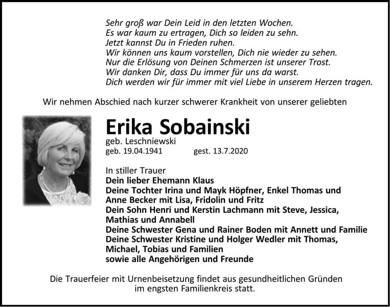 Traueranzeige Erika Sobainski, geb. Leschniewski