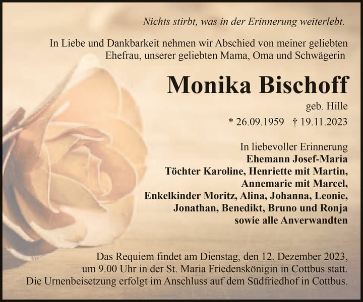 Traueranzeige Monika Bischoff, geb. Hille