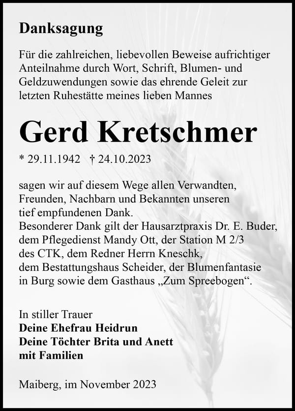 Danksagung Gerd Kretschmer
