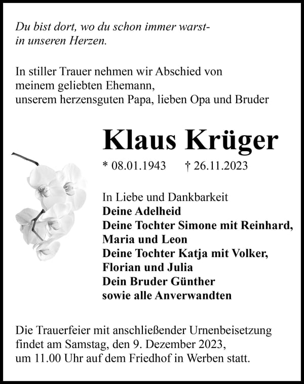 Traueranzeige Klaus Krüger