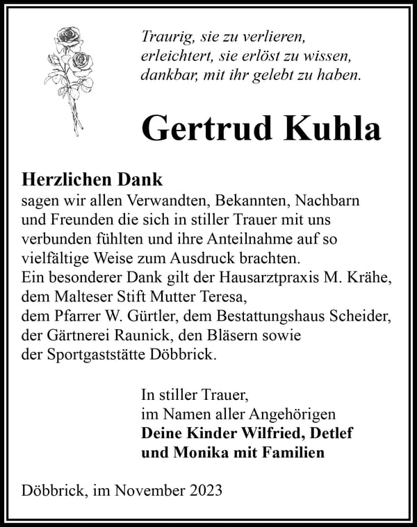Danksagung Gertrud Kuhla