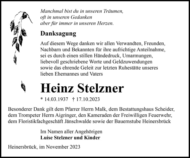 Danksagung Heinz Stelzner
