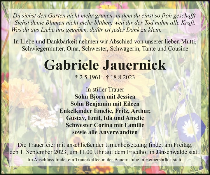 Traueranzeige Gabriele Jauernick