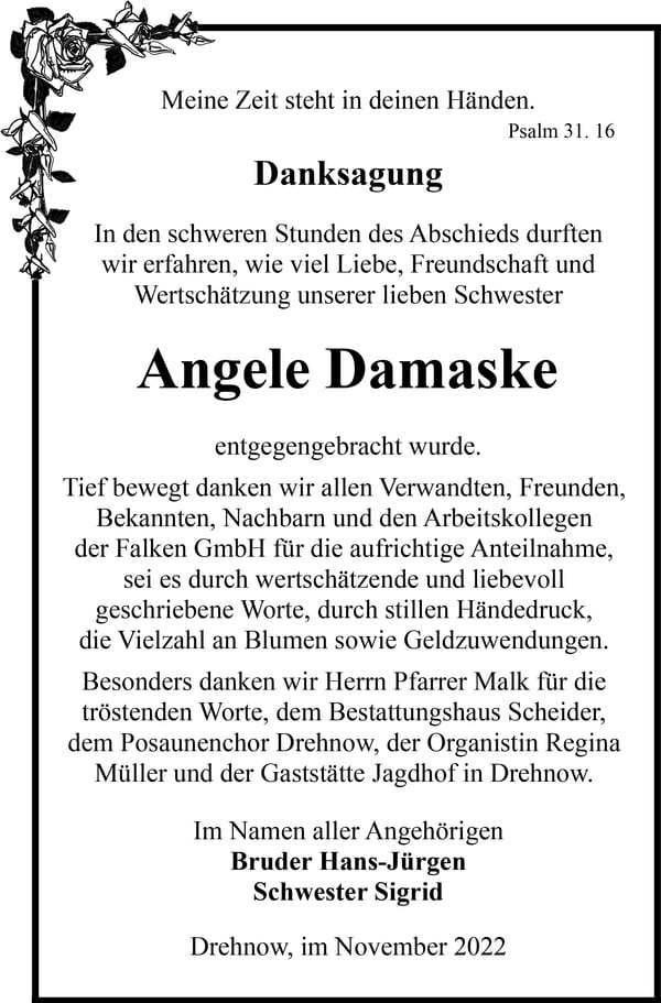 Danksagung Angele Damaske