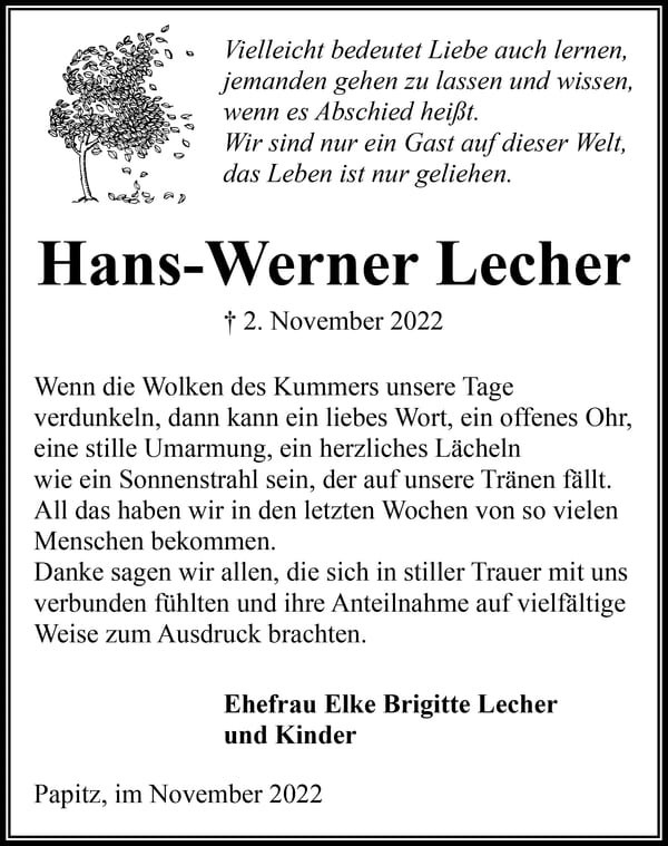 Danksagung Hans-Werner Lecher