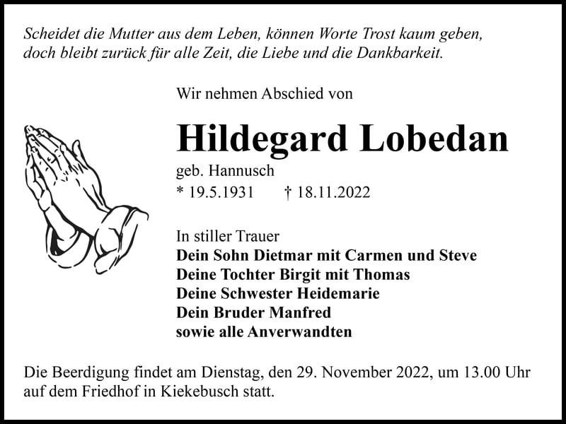 Traueranzeige Hildegard Lobedan, geb. Hannusch