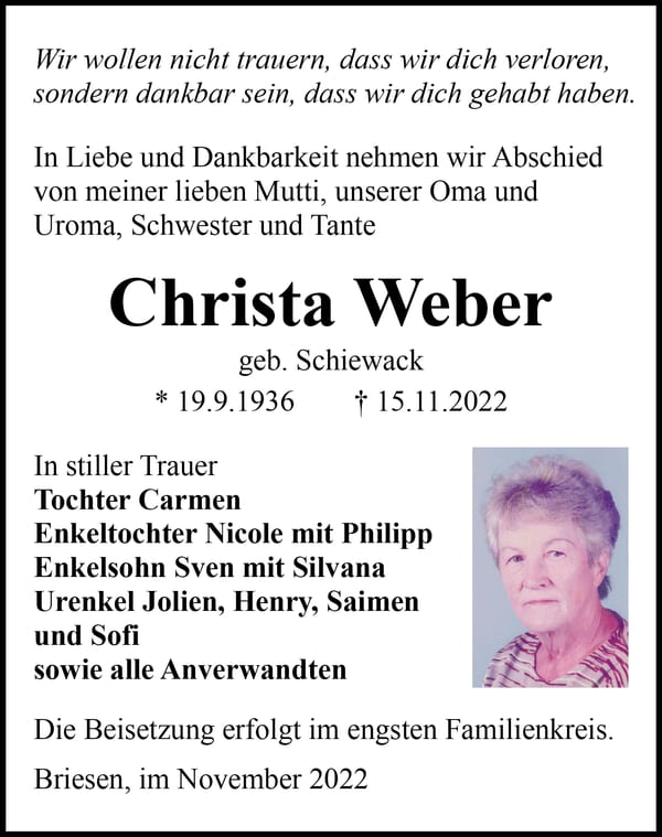 Traueranzeige Christa Weber, geb. Schiewack