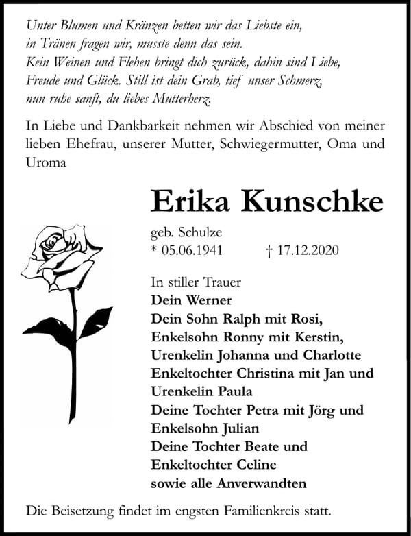 Traueranzeige Erika Kunschke, geb. Schulze