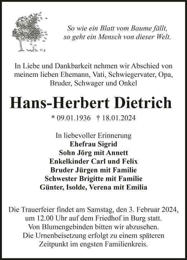 Traueranzeige Hans-Herbert Dietrich