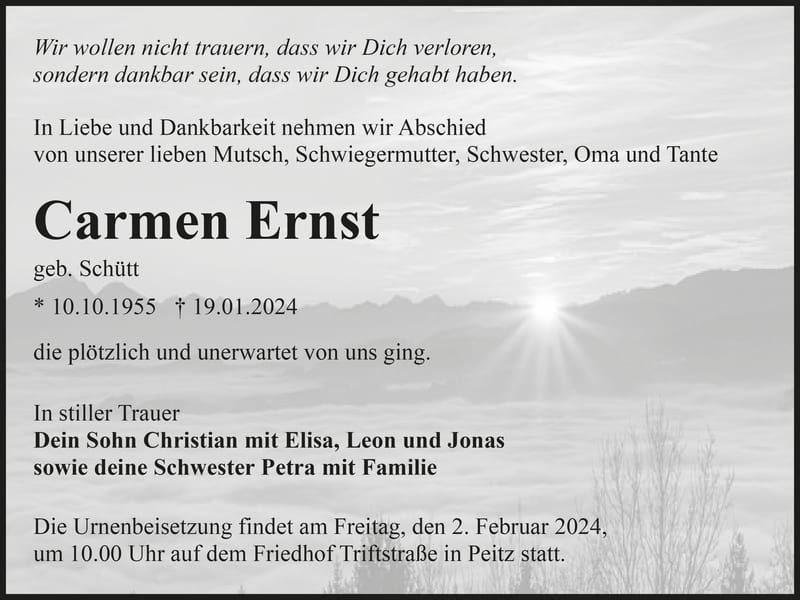 Traueranzeige Carmen Ernst, geb. Schütt