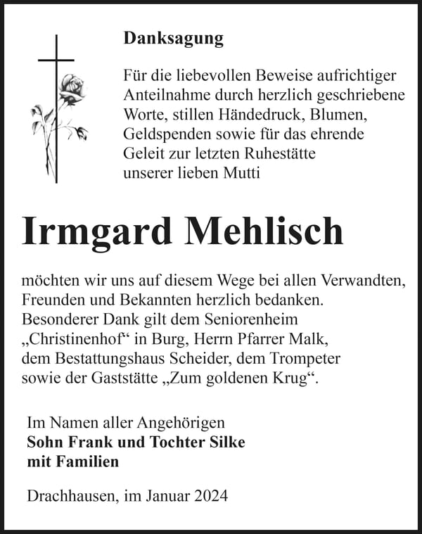 Danksagung Irmgard Mehlisch