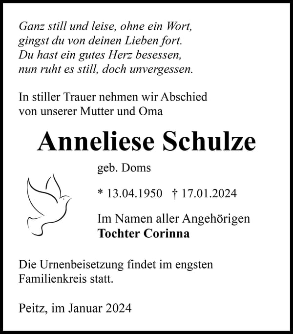 Traueranzeige Anneliese Schulze, geb. Doms