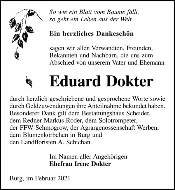 Danksagung Eduard Dokter