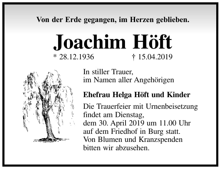 Traueranzeige Joachim Höft