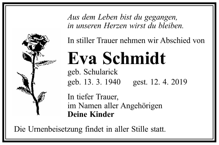 Traueranzeige Eva Schmidt, geb. Schularick