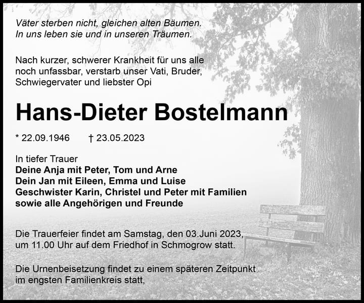 Traueranzeige Hans-Dieter Bostelmann