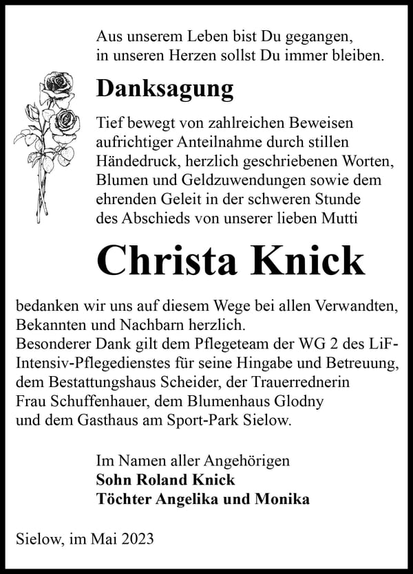Danksagung Christa Knick