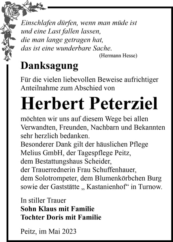Danksagung Herbert Peterziel